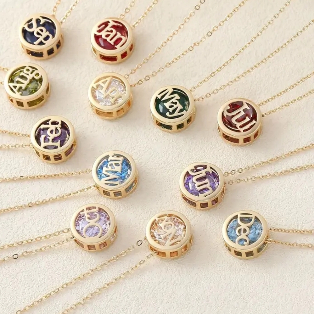 #6 Gold Round Double Hollow 12mo Birthstone Snthetc Zirconia Pendant Necklace